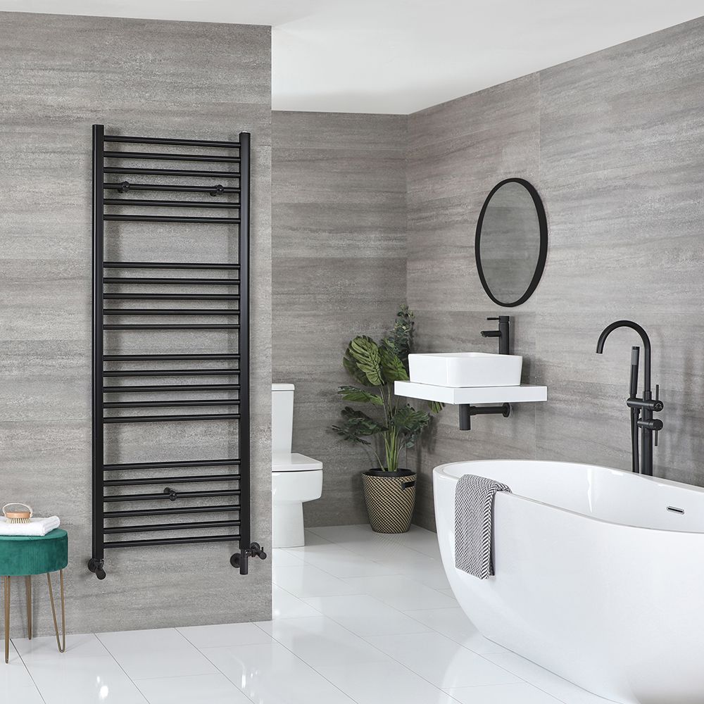 Radiador Toallero Mixto Negro Opaco  Plano - 1600mm x 500mm - incl. 800W Elemento Eléctrico, Pieza en Forma de T y Llaves - Nox