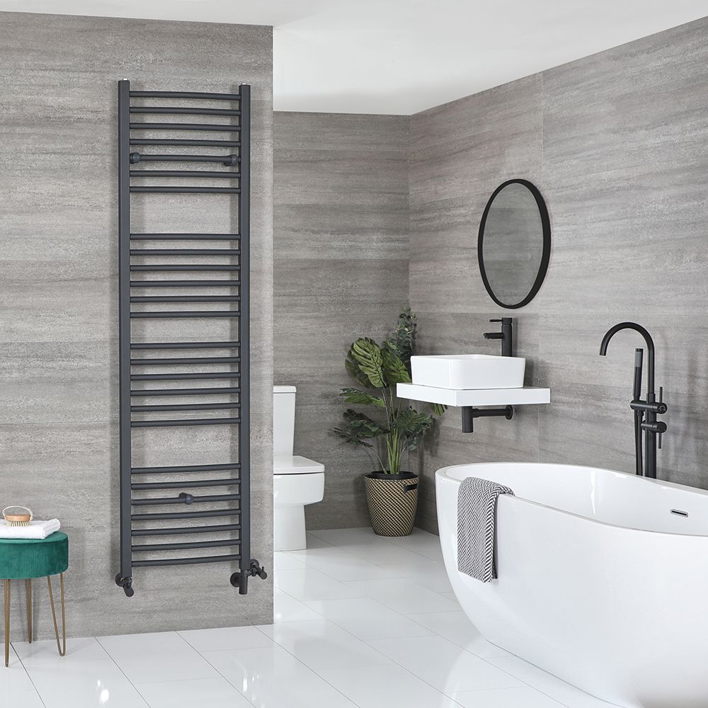 Radiador Toallero Mixto Antracita Plano - 1800mm x 500mm - incl. Elemento Eléctrico de 1000W, Pieza en Forma de T y Llaves - Artle