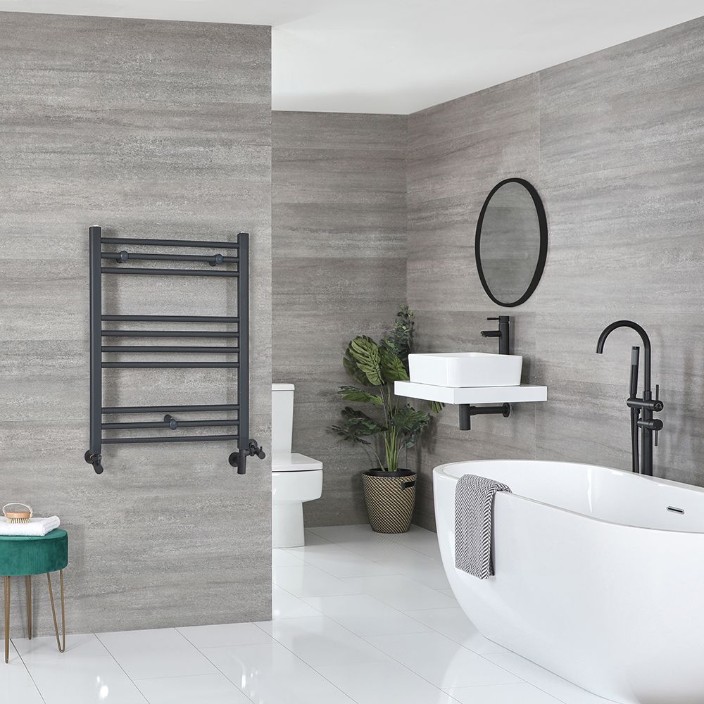 Radiador Toallero Mixto Antracita Plano - 800mm x 600mm - incl. Elemento Eléctrico de 400W, Pieza en Forma de T y Llaves - Artle