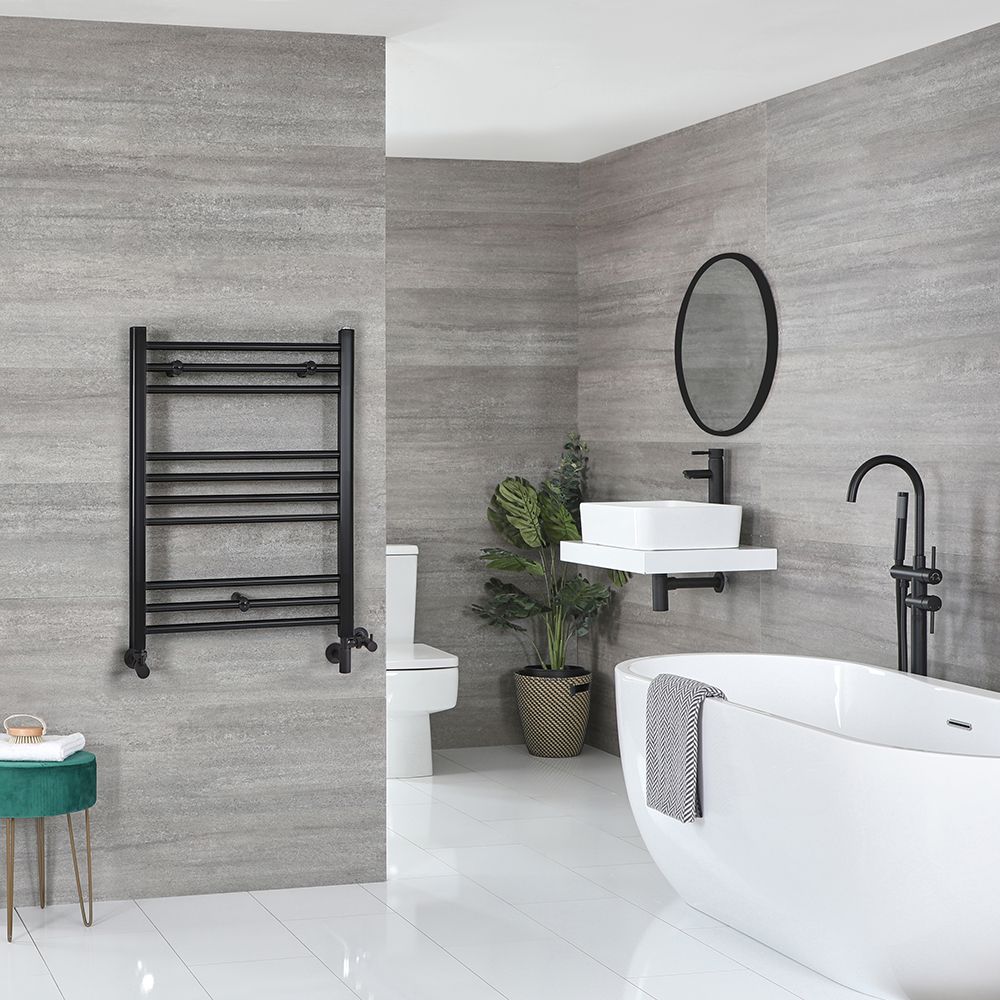 Radiador Toallero Mixto Negro Opaco  Plano - 800mm x 600mm - incl. Elemento Eléctrico de 400W, Pieza en Forma de T y Llaves - Nox