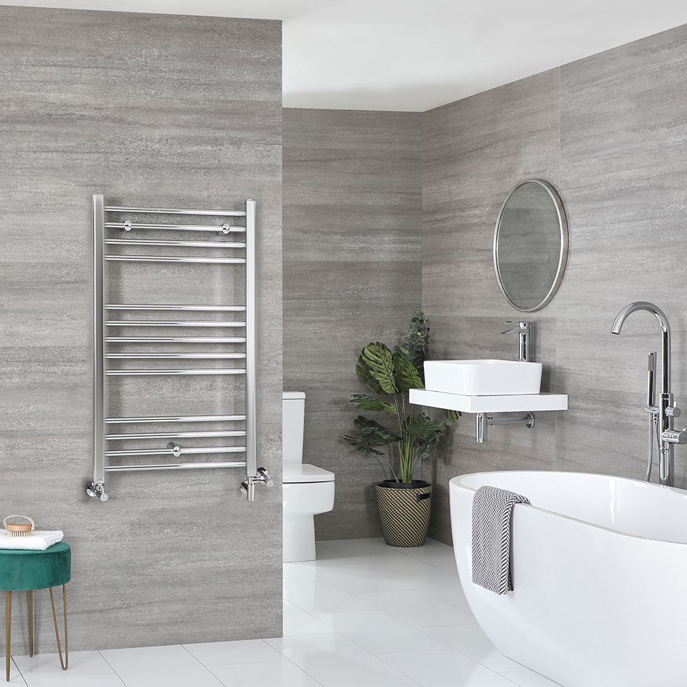 Radiador Toallero Mixto Cromado Plano - 1000mm x 600mm - incl. Elemento Eléctrico de 400W, Pieza en Forma de T y Llaves - Kent