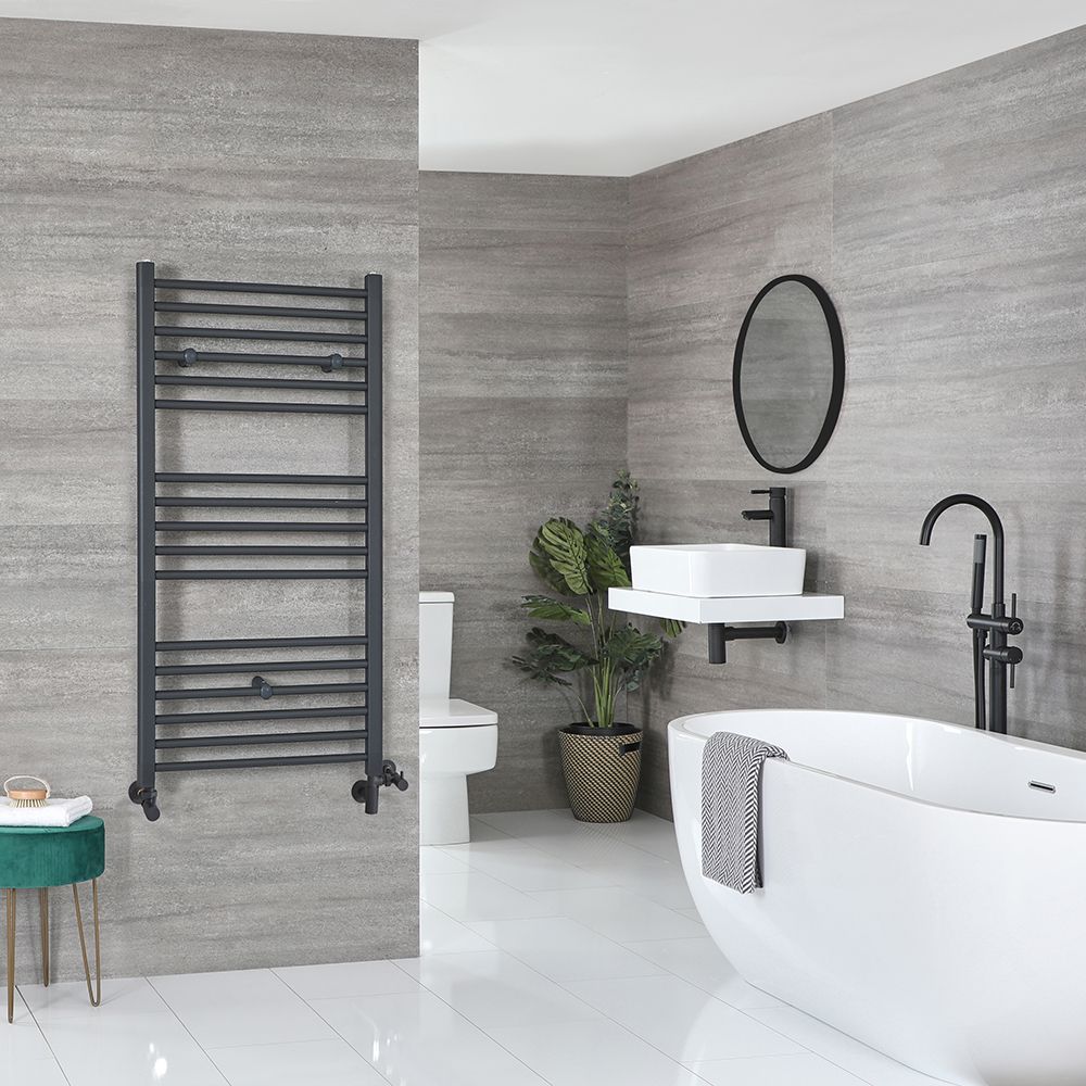 Radiador Toallero Mixto Antracita Plano - 1200mm x 600mm - incl. 600W Elemento Eléctrico, Pieza en Forma de T y Llaves - Artle