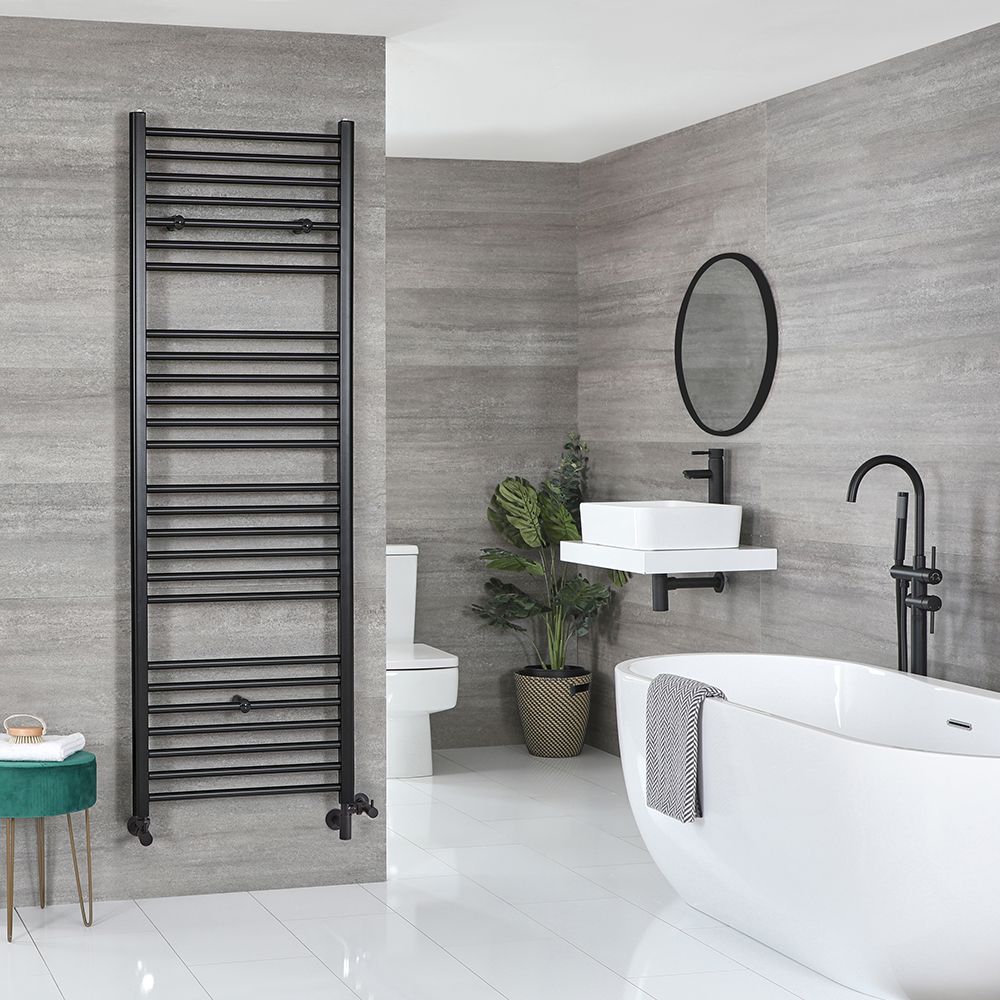 Radiador Toallero Mixto Negro Opaco  Plano - 1800mm x 600mm - incl. Elemento Eléctrico de 1000W, Pieza en Forma de T y Llaves - Nox