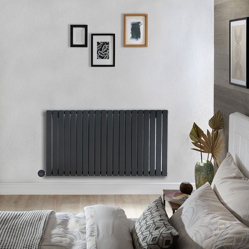 Radiador de Diseño Eléctrico Horizontal - Antracita - 635mm x 1180mm x 53mm - con Elemento Eléctrico Termostático Wi-Fi de1200W  - Sloane - Fabricado por ECOSO de Hudson Reed