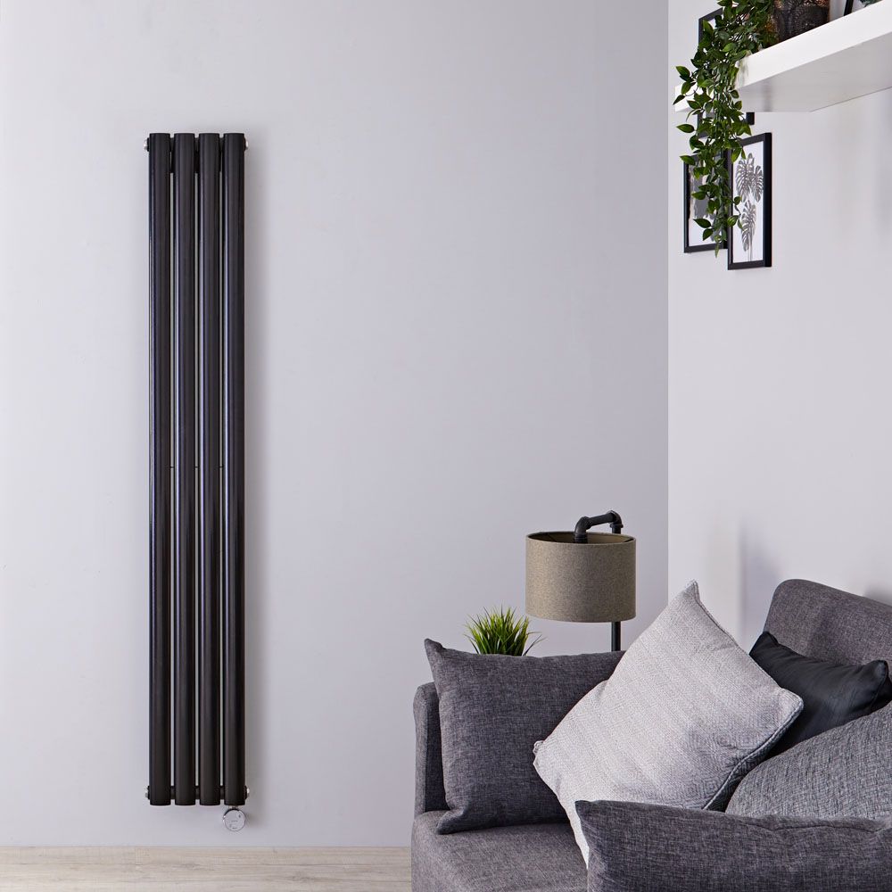 Radiador de Diseño Eléctrico Vertical (Panel Doble) Negro Mate de 1600mm x 236mm con Elemento Eléctrico Wi-Fi de 1200W - Revive