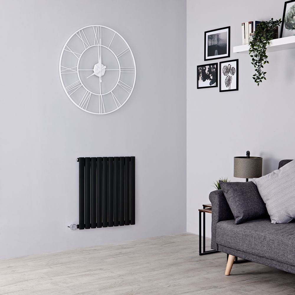Radiador de Diseño Eléctrico Horizontal (Panel Único) Negro Mate de 635mm x 590mm con Elemento Eléctrico Wi-Fi de 800W - Revive
