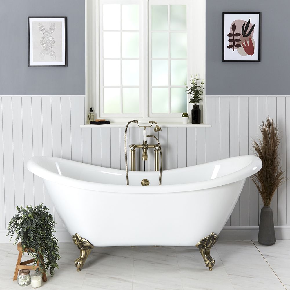 Bañera Acrílica Exenta Tradicional de 1750mm x 730mm con Doble Respaldo y Patas con Acabado Efecto Oro Cepillado - Legend