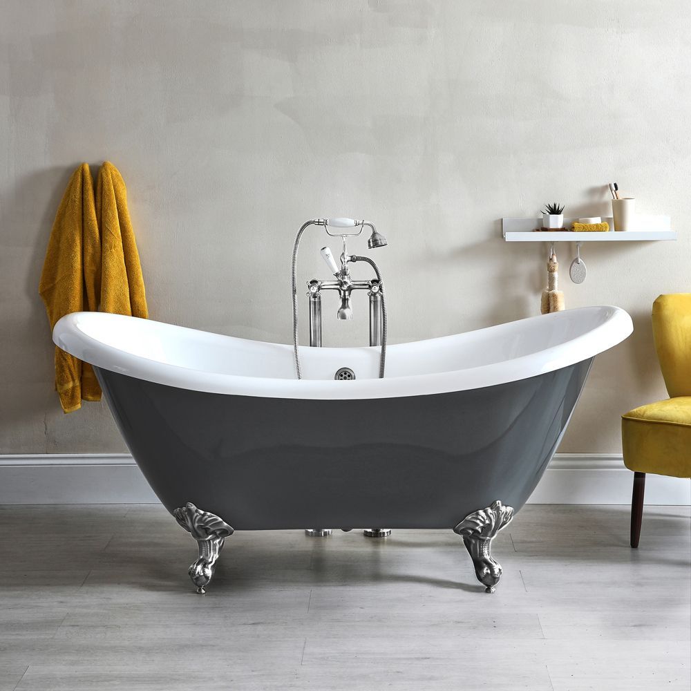 Bañera Exenta Tradicional con Doble Respaldo en Gris Piedra - 1750mm x 730mm - Disponible con Patas de Bañera en Distintos Acabados - Elton