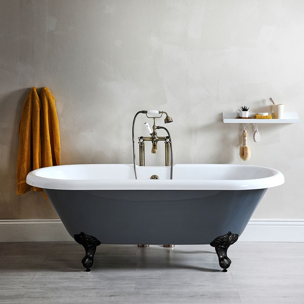 Bañera Exenta Tradicional Gris Piedra con Doble Respaldo con Patas de Color Negro - 1795mm x 785mm (Sin Agujeros para la Grifería) - Elton