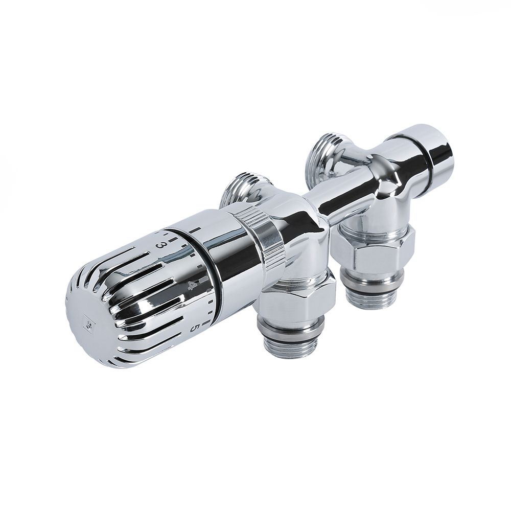 Par de Llaves Termostáticas Angulares Cromadas Multiblock H con Adaptador para Conexión Central de Radiadores o Radiadores Toalleros  - Cobre 14mm

