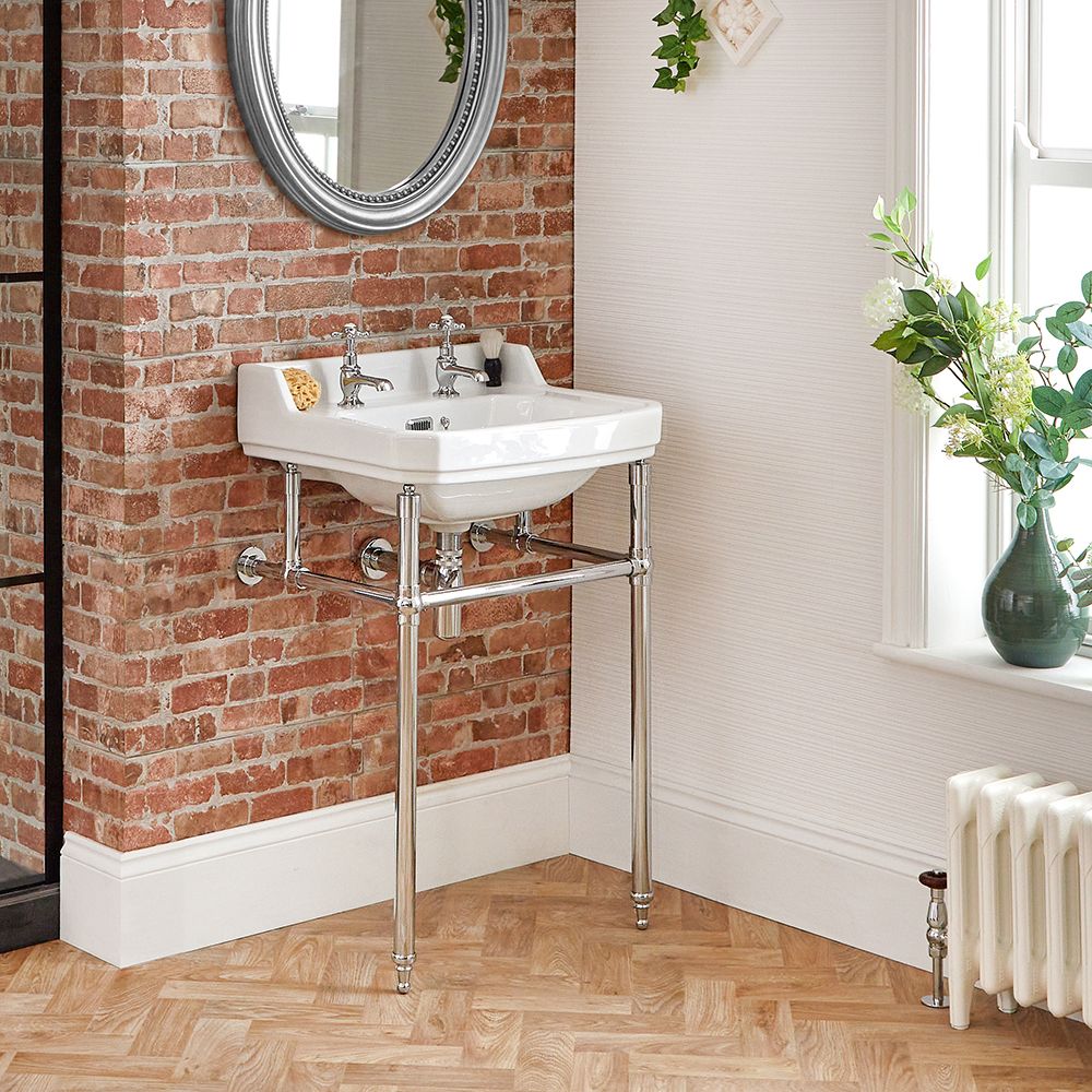 Lavabo Consola Tradicional de Cerámica de 560x450mm con Estructura de Acero Inoxidable (2 Agujeros) - Richmond