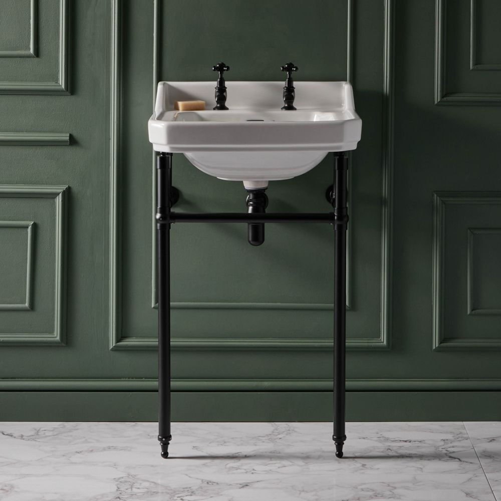 Lavabo Consola Tradicional Blanco y Negro de 560mm - (2 Agujeros para la Grifería) - Richmond