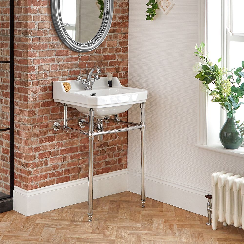 Lavabo Consola Tradicional  en Cerámica Monoforo 560x450mm con Estructura en Acero Inoxidable (1 Agujero) - Richmond