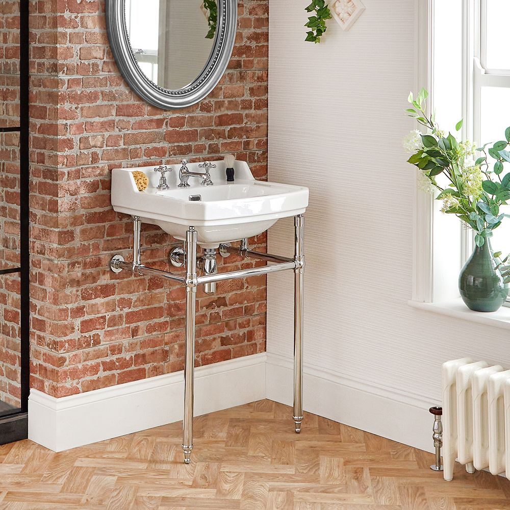 Lavabo Consola Retro de Cerámica 560x450mm con Estructura Inferior de Acero Inoxidable (3 Agujeros) - Richmond