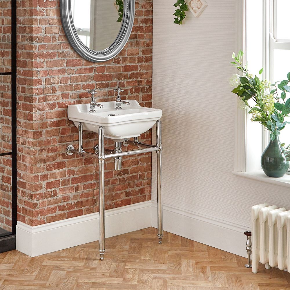 Lavabo Consola Tradicional en Cerámica de 500x350mm con Estructura en Acero Inoxidable (2 Agujeros) - Richmond