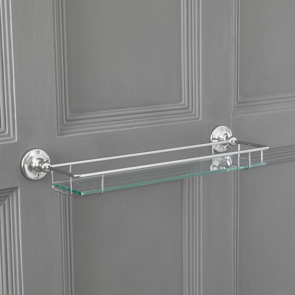 Repisa Porta Objetos en Vidrio Mural para Ba&ntilde;o con acabado en Cromo