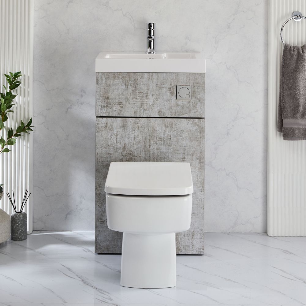 Conjunto de Baño de Color Gris Hormigón Completo con Mueble de Lavabo y WC Integrado con Inodoro Exton - 500mm x 830mm - Botón de Descarga Cromado - Cluo