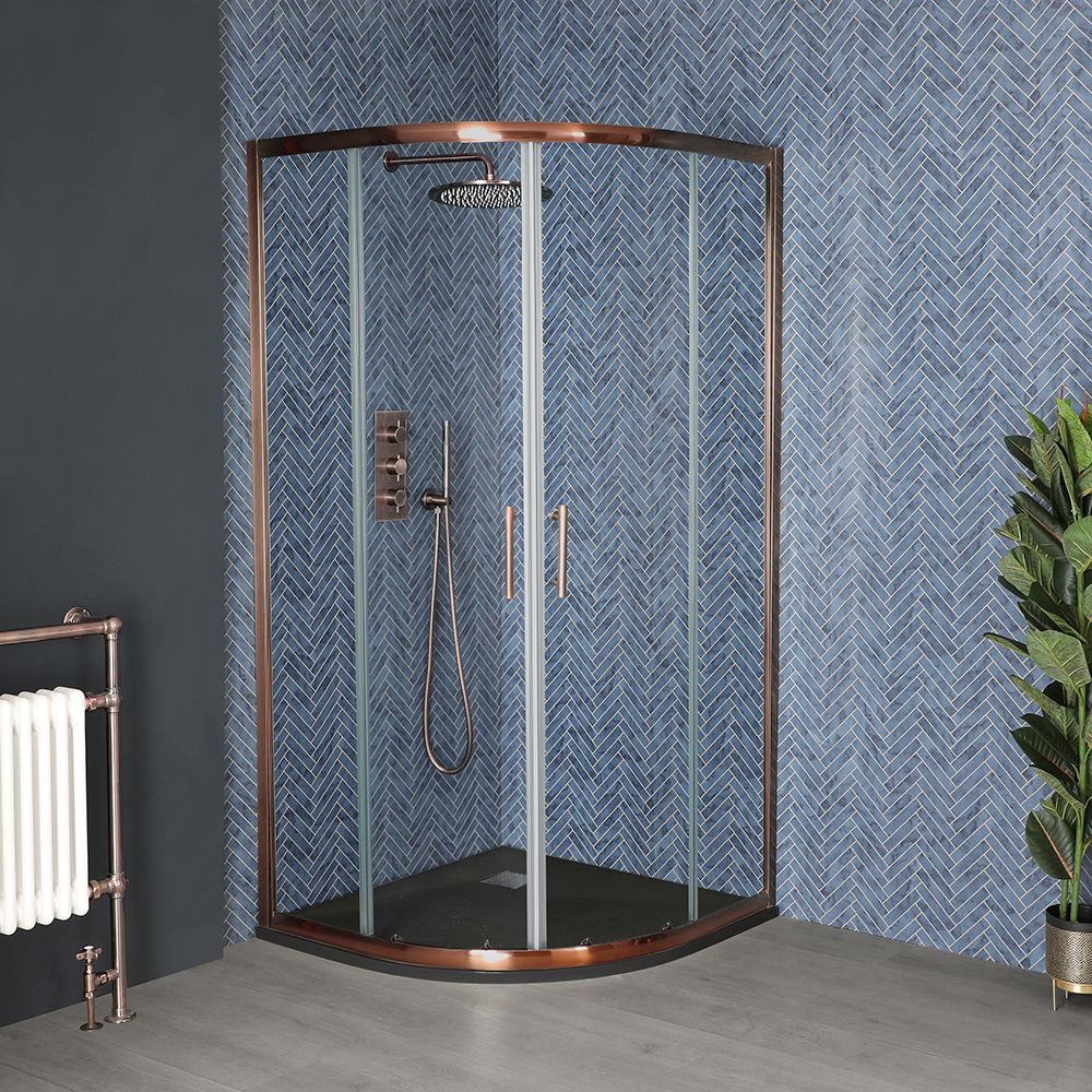 Mampara Ducha Angular de Color Cobre de 900mm con Plato de Ducha Efecto Pizarra  - Plato de Ducha Disponible en Distintos Acabados