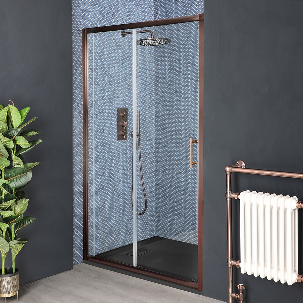 Puerta de Ducha Corredera para Recoveco en Cobre Cepillado con Plato de Ducha Efecto Pizarra - Disponible en Distintas Medidas - Eris