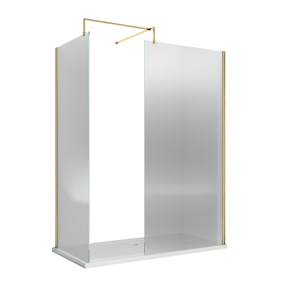 Mampara de Ducha Walk In con Vidrio Acanalado con Perfil en Latón Cepillado y Panel Lateral con Plato de Ducha Efecto Piedra Pizarra - Disponible en Distintas Medidas y con Opción de Panel Antisalpicaduras