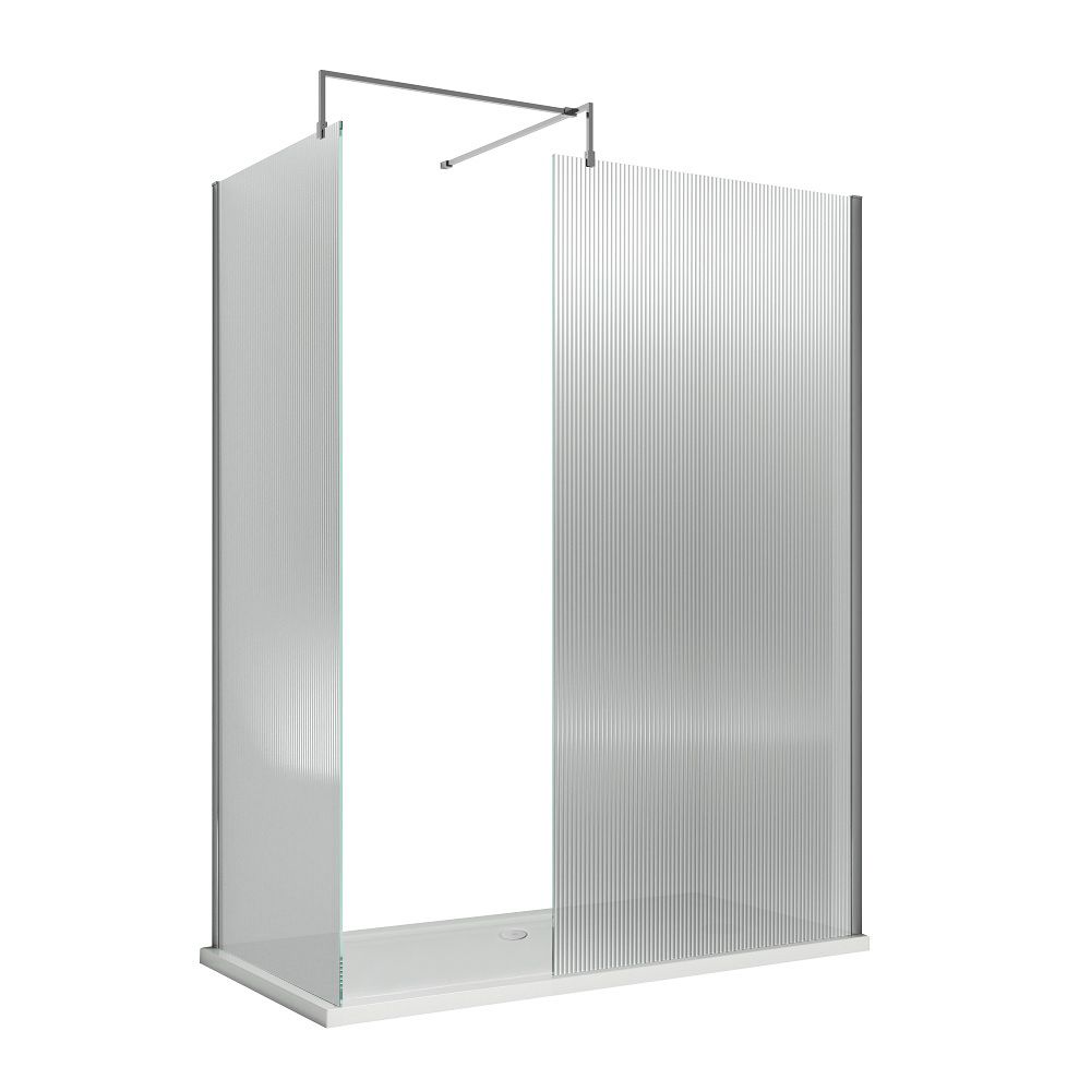 Mampara de Ducha Walk In con Vidrio Acanalado con Perfil Cromado y Panel Lateral con Plato de Ducha Efecto Piedra Pizarra - Disponible en Distintas Medidas y con Opción de Panel Antisalpicaduras