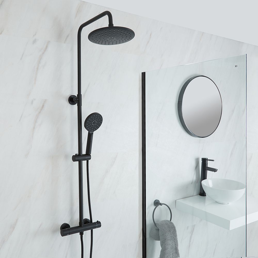 Columna de Ducha con Mezcladora de Ducha Termostático en Barra en Estilo Moderno con Alcachofa de Ducha Redonda y Telefonillo de Ducha - Negra - Nox