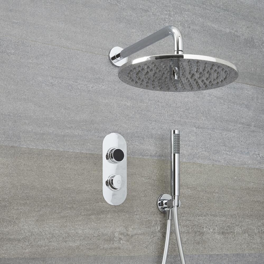 Ducha Digital con Sistema de Control de 2 Salidas con Alcachofa de Ducha Redonda de 300mm, Brazo Mural y Telefonillo de Ducha - Narus