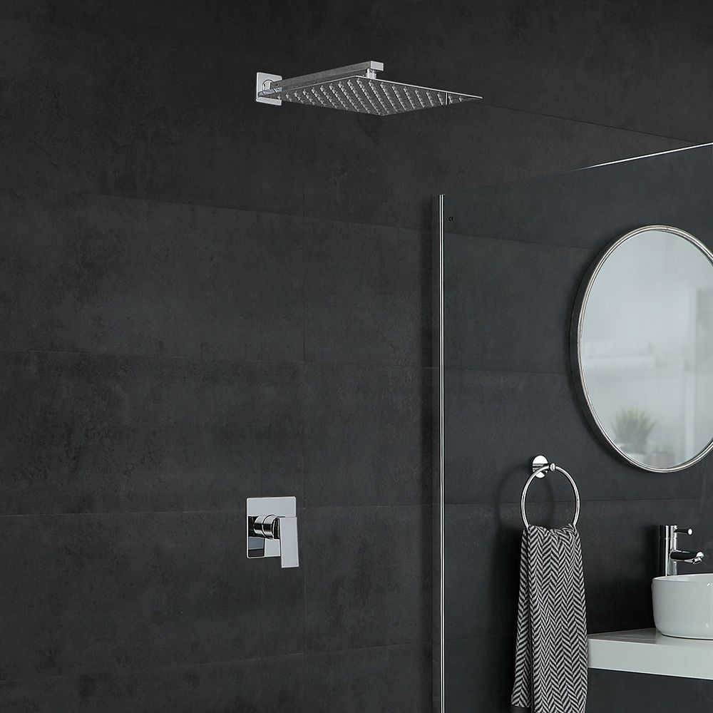 Conjunto de Ducha Moderno con Mezclador de Ducha Manual Cuadrado Cromado de 1 Función con Alcachofa de Ducha Fija Ultraplana Cuadrada - Kubix