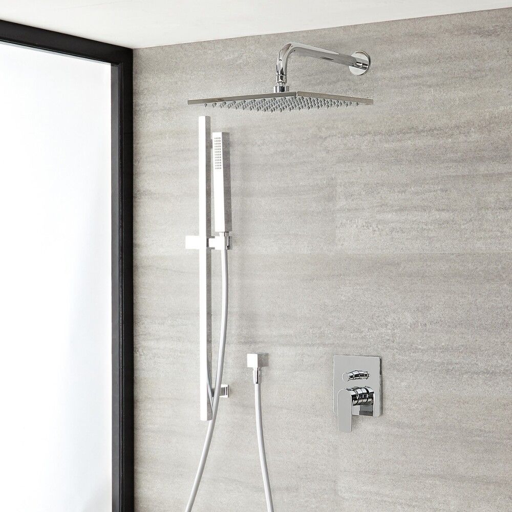 Conjunto de Ducha con Mezclador de Ducha Manual de 2 Funciones con Alcachofa Cuadrada de 300mm, Telefonillo y Barra de Ducha Deslizante Cromado - Harting