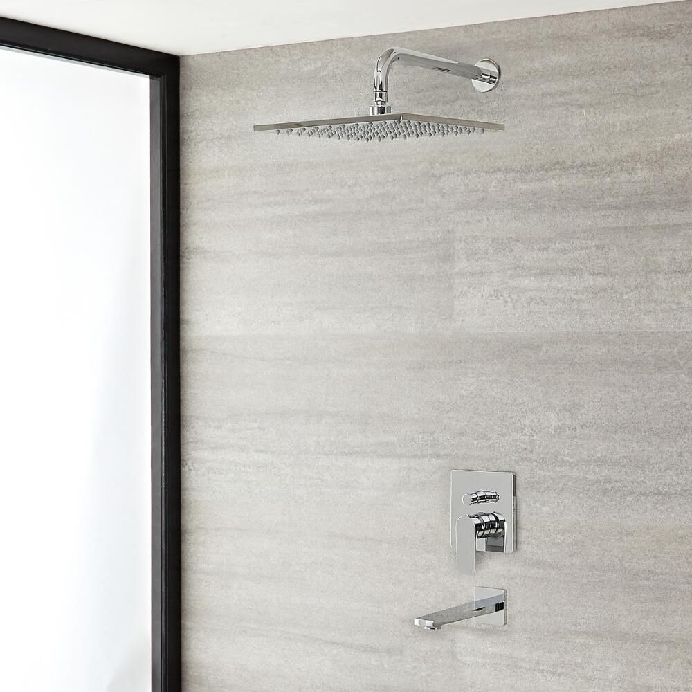 Conjunto de Ducha con Mezclador de Ducha Manual de 2 Funciones con Alcachofa Cuadrada de 300mm y Llenador de Bañera Cromado - Harting