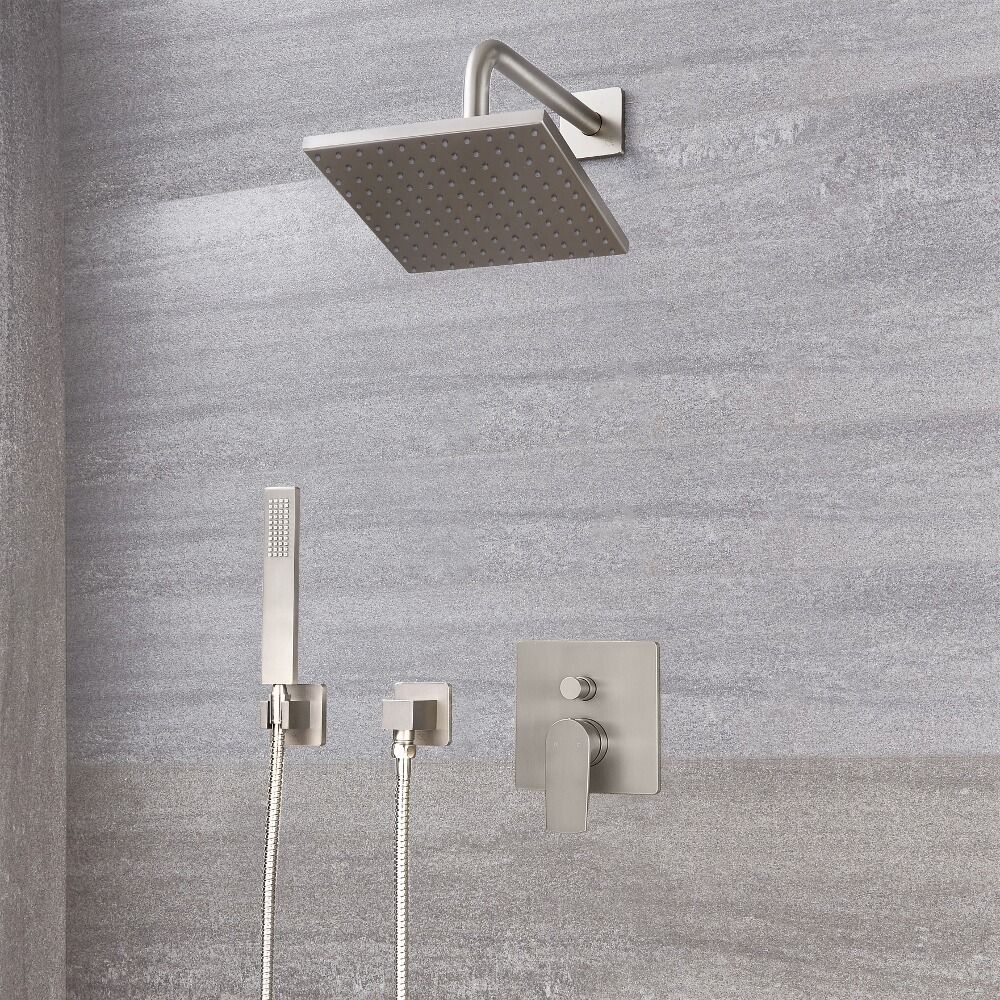 Conjunto de Ducha de 2 Funciones Completo con Mezclador de Ducha Manual de Color Níquel Cepillado, Alcachofa de Ducha Cuadrada 200x200mm y Telefonillo Cuadrado - Harting
