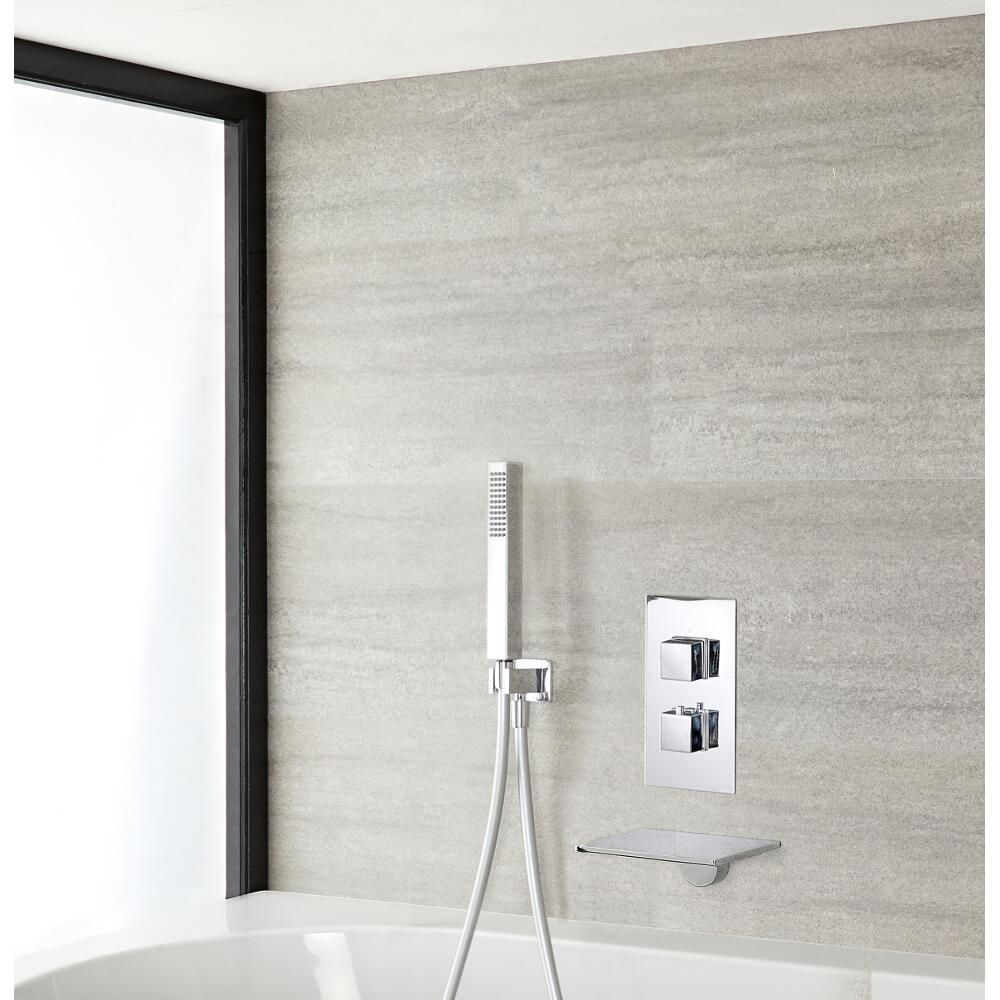 Conjunto de Ducha Termostático de 2 Funciones Cuadrado con Llenador de Bañera y Ducha de Mano - Kubix