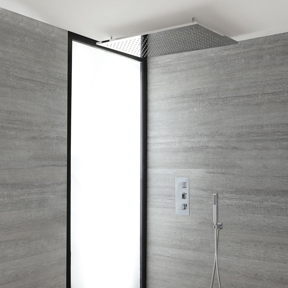 Conjunto de Ducha Termostático Triple de 2 Funciones con Alcachofa Empotrable de Ducha Grande de 800x500mm y Telefonillo - Kubix