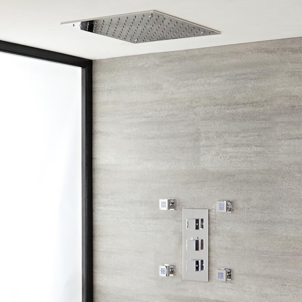 Conjunto de Ducha Termostático Triple de 2 Funciones con Jets de Ducha y Alcachofa Empotrable de 400mm - Kubix