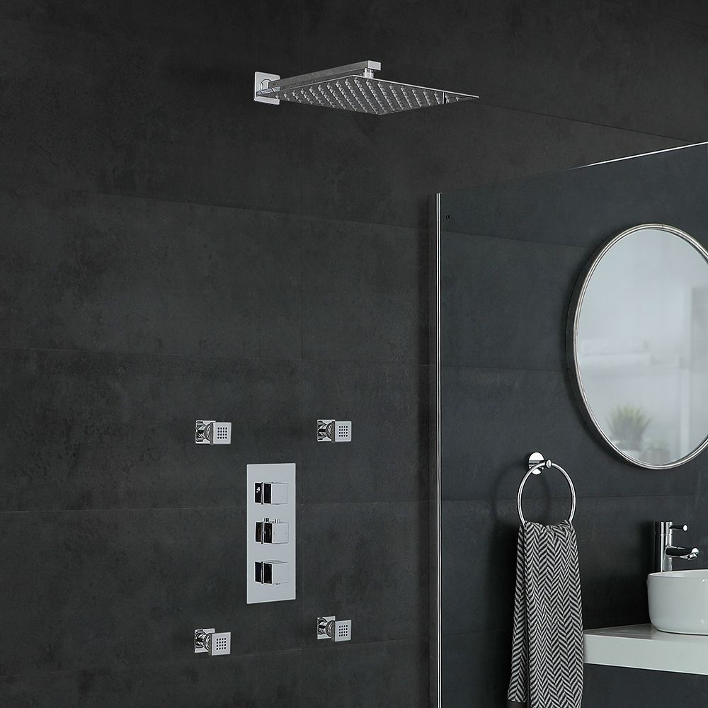 Conjunto de Ducha con Mezclador de Ducha Termostático Cuadrado Triple de 2 Salidas Cromado con Alcachofa de Ducha Cuadrada de 300mm y Jets de Ducha - Kubix