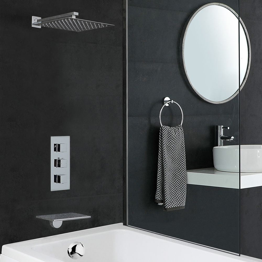 Conjunto de Ducha con Mezclador de Ducha Termostático Cuadrado de 2 Salidas con Desviador Cromado con Alcachofa de Ducha Cuadrada de 300mm y Llenador de Bañera- Kubix