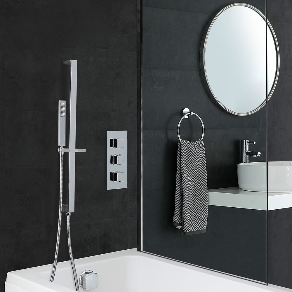 Conjunto de Ducha con Mezclador de Ducha Termostático Cuadrado Triple Cromado de 2 Salidas con Barra de Ducha Deslizante y Llenador de Bañera - Kubix