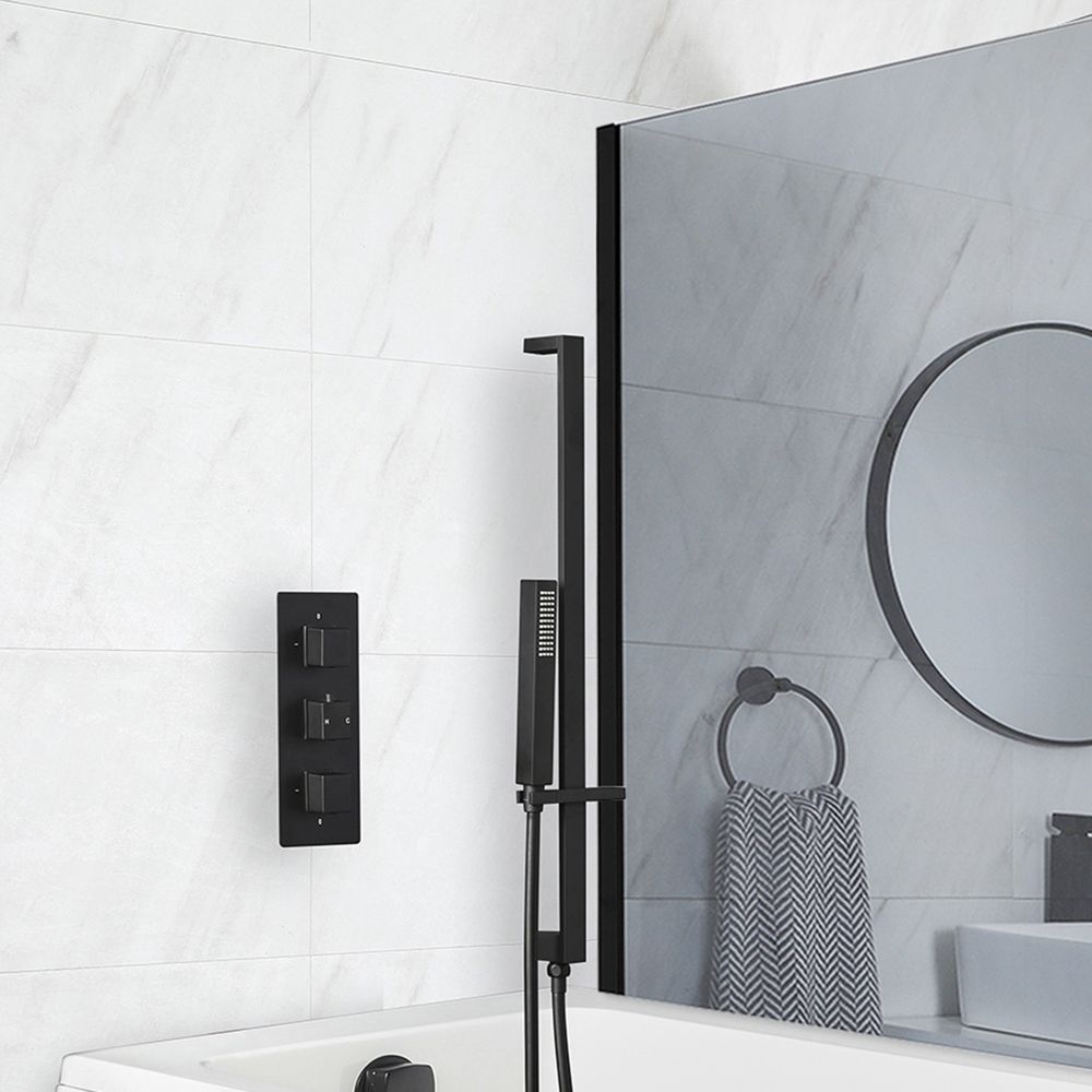 Conjunto de Ducha Termostático Negro con Llenador de Bañera para Rebosadero y Barra de Ducha Deslizante con Telefonillo de Ducha (2 Salidas) - Preto