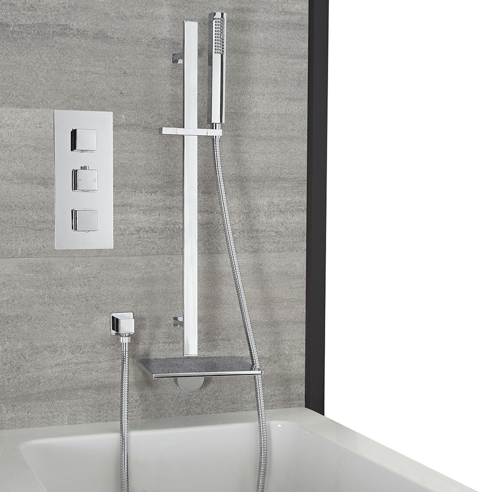Conjunto de Ducha Termostático de Dos Funciones con Llenador de Bañera Efecto Cascada, Barra Deslizante y Ducha de Mano - Acabado Cromado - Kubix