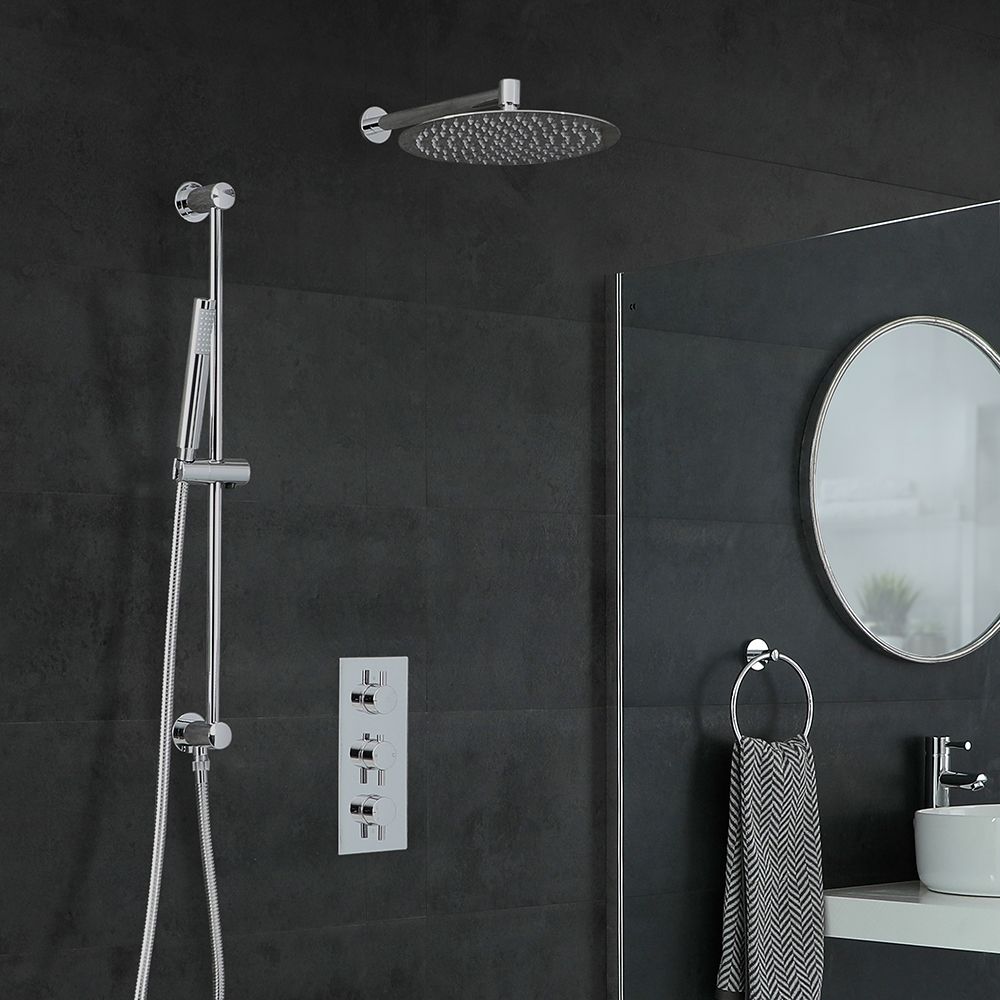Conjunto de Ducha Cromado Moderno con Mezclador de Ducha Termostático Redondo Triple de 2 Funciones con Alcachofa de Ducha Redonda de 300mm y Barra de Ducha Deslizante - Como