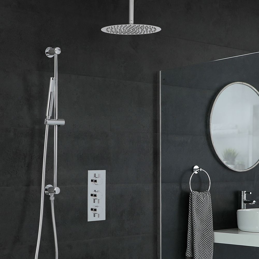 Conjunto de Ducha Cromado Moderno con Mezclador de Ducha Termostático Redondo Triple de 2 Funciones con Alcachofa de Ducha Redonda de 300mm y Barra de Ducha Deslizante - Como