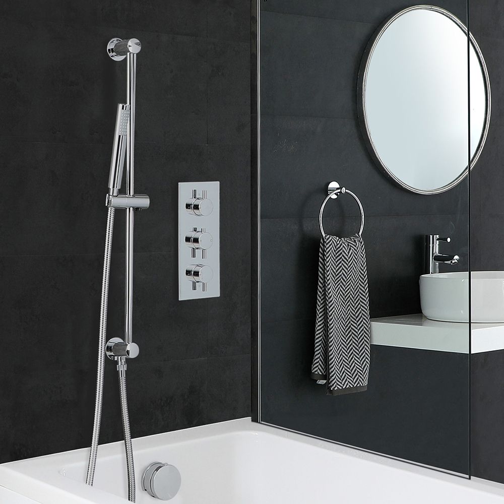 Conjunto de Ducha Cromado Moderno con Mezclador de Ducha Termostático Redondo Triple de 2 Funciones con Barra de Ducha Deslizante y Llenador de Bañera - Como