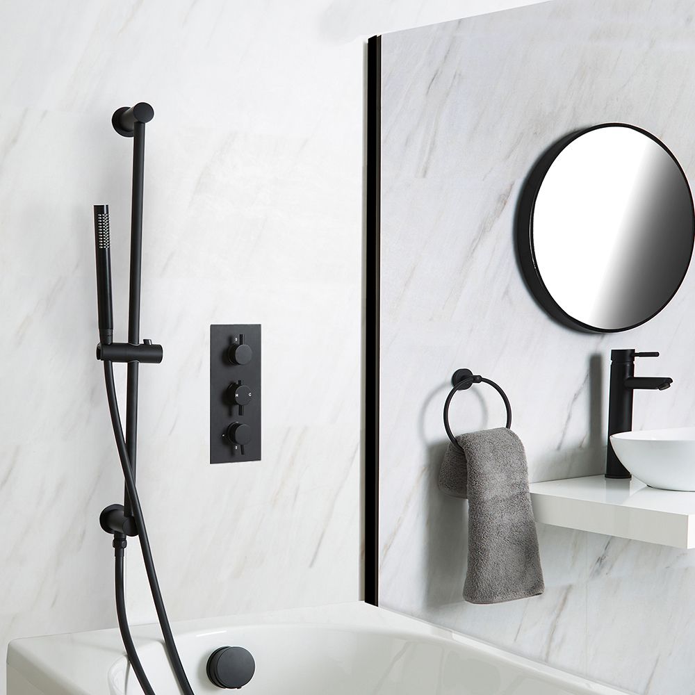 Ducha Termostática Negra de 2 Salidas Completa con Llenador de Bañera de Rebosadero y Barra de Ducha Deslizante con Telefonillo - Nox