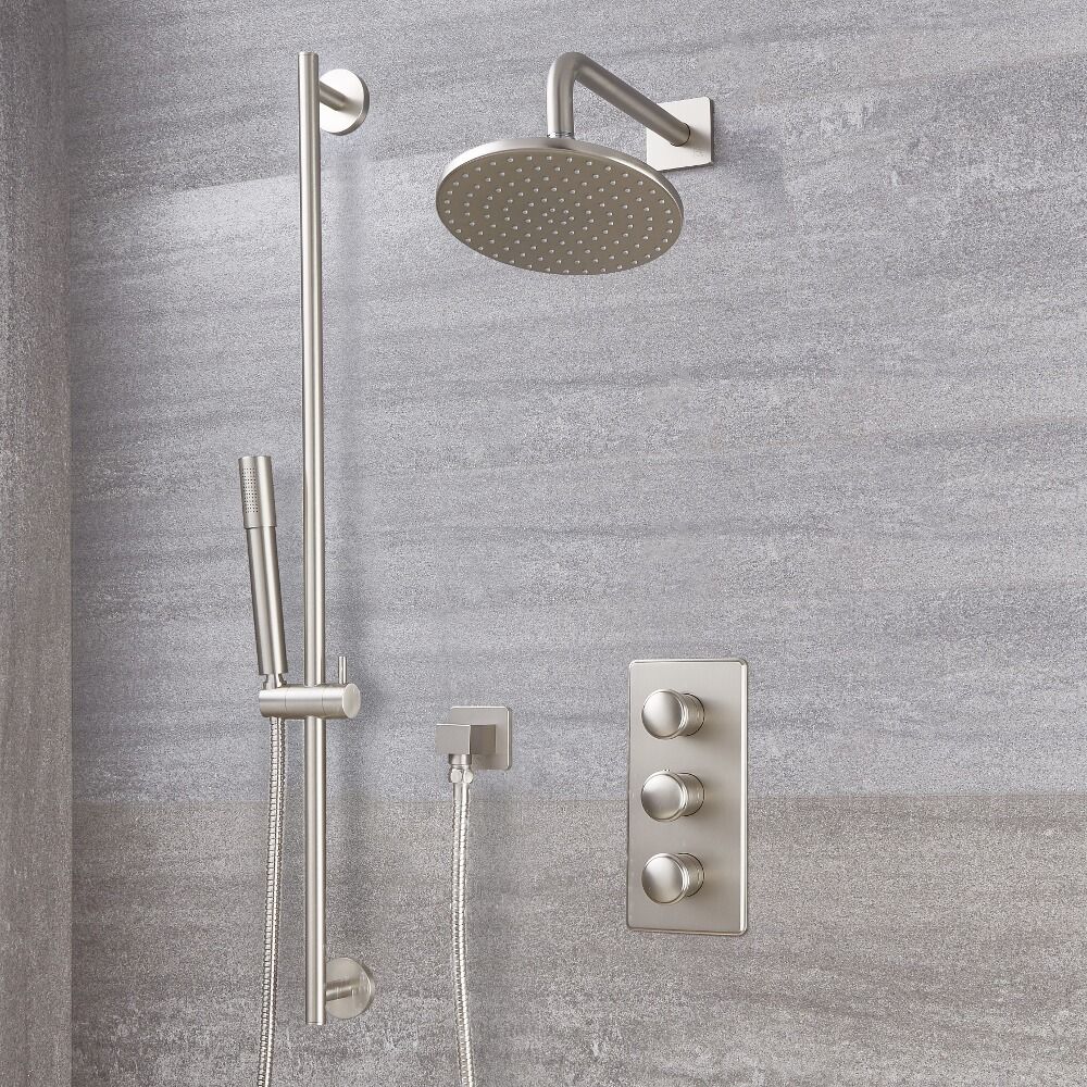 Conjunto de Ducha con Mezclador de Ducha Termostático Triple de 2 Funciones con Alcachofa Redonda de 200mm con Barra de Ducha Deslizante y Telefonillo de Color Níquel Cepillado - Aldwick