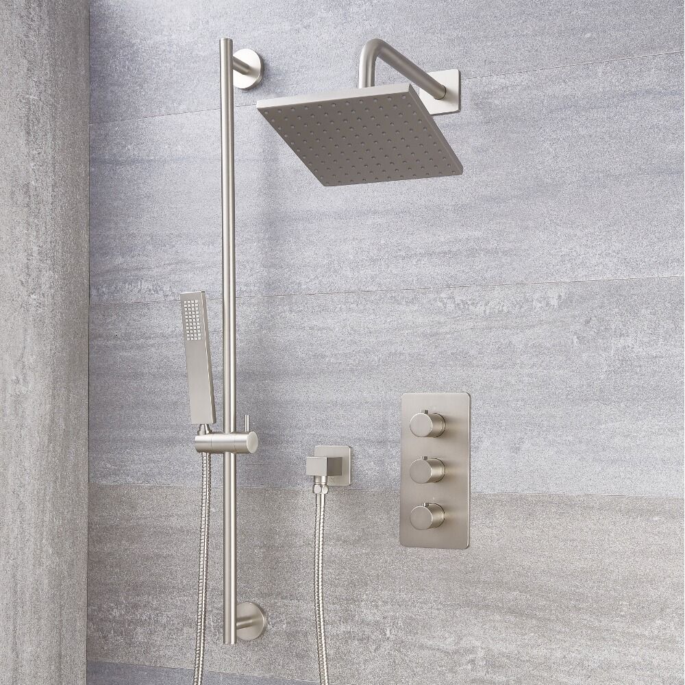 Conjunto de Ducha con Mezclador de Ducha Termostático Triple de 2 Funciones con Desviador, Alcachofa  Cuadrada de 200mm y Barra de Ducha Deslizante con Telefonillo de Color Níquel Cepillado - Harting