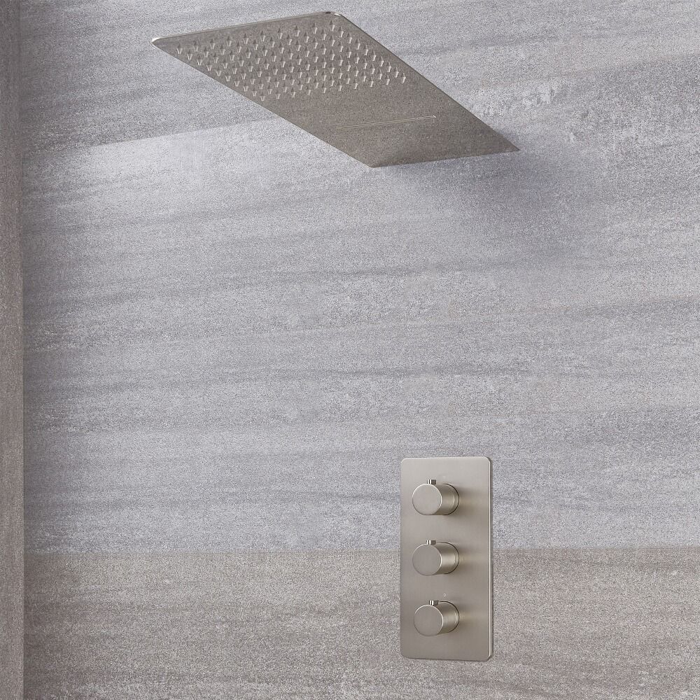 Conjunto de Ducha con Mezclador de Ducha Termostático Triple de 2 Funciones con Alcachofa de 2 Funciones con Efecto Lluvia y Cascada de Color Níquel Cepillado - Harting