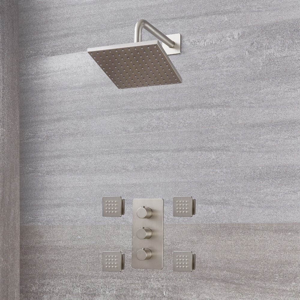 Conjunto de Ducha con Mezclador de Ducha Termostático Triple de 2 Funciones con Alcachofa de Ducha Cuadrada de 200mm y Jets de Ducha de Color Níquel Cepillado - Harting