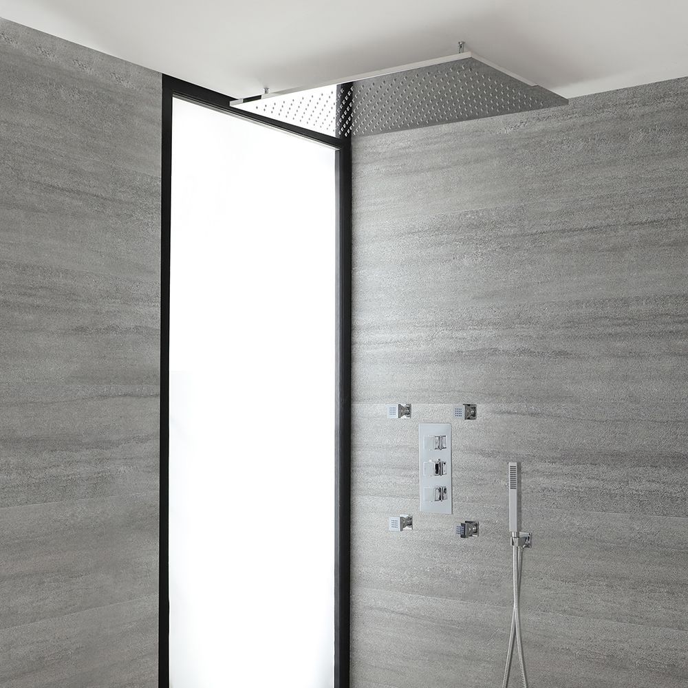 Conjunto de Ducha Termostático de 3 Funciones con Desviador Completo con Alcachofa Empotrable de 800x500mm, Jets de Ducha y Ducha de Mano – Kubix