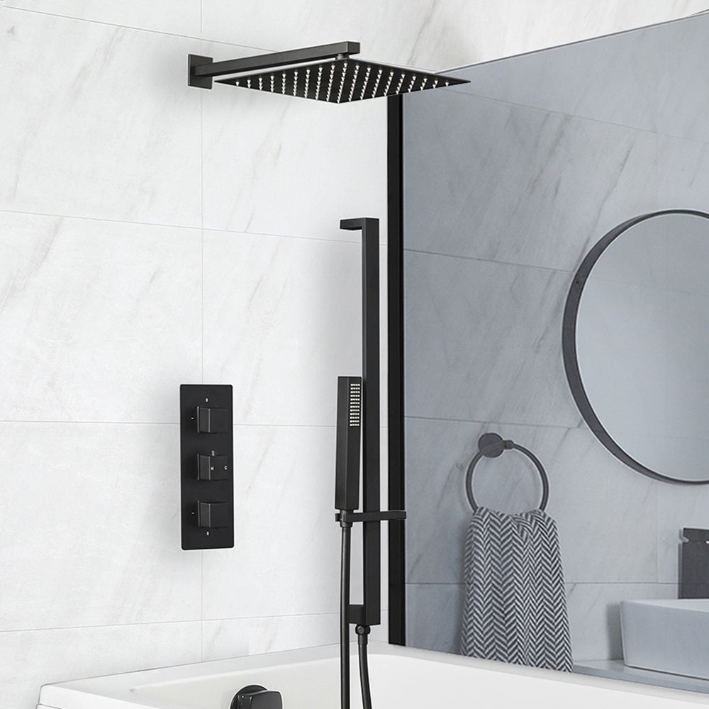 Conjunto de Ducha Termostático Negro con Desviador, Alcachofa, Barra de Ducha Deslizante con Telefonillo de Ducha y Llenador de Bañera para Rebosadero (3 Salidas) - Preto