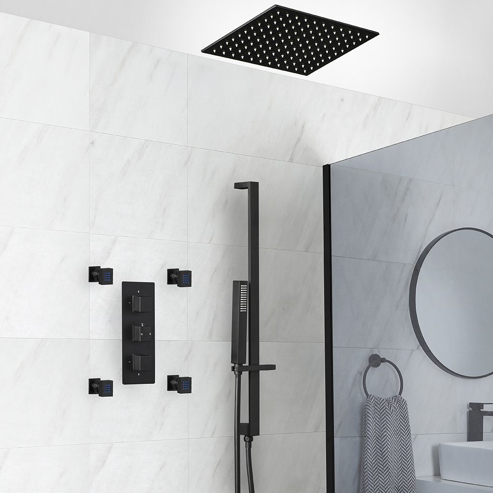 Conjunto de Ducha Termostático Negro con Desviador, Alcachofa de Ducha Empotrable, Barra de Ducha Deslizante con Telefonillo de Ducha y Jets Hidromasaje (3 Salidas) - Preto